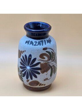 Mexican Tonala Mini Vase Floral Folk Art Pottery Blue Green Brown Mexico